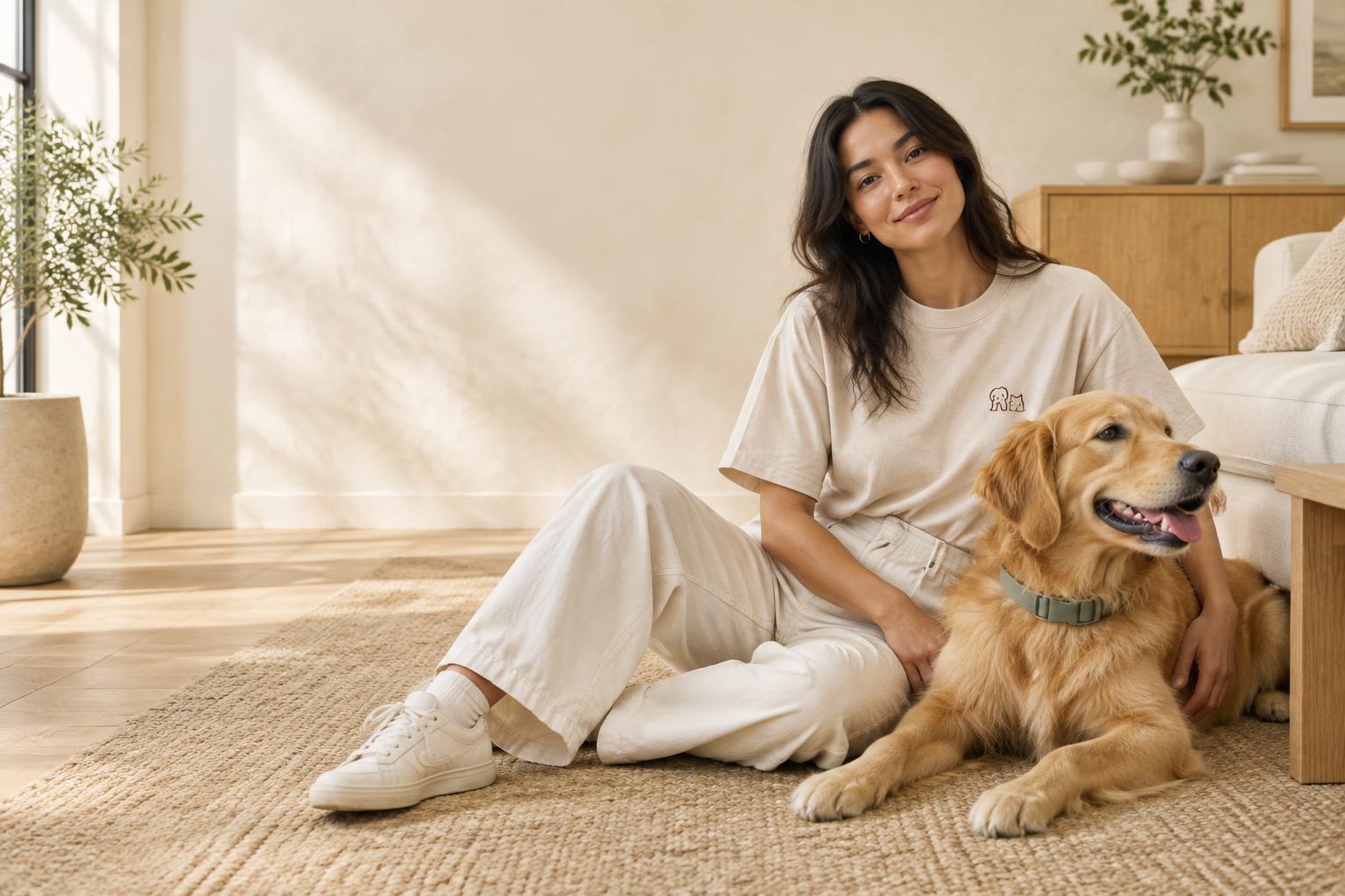 A woman wearing a Barko & Co. shirt relaxing beside her golden retriever