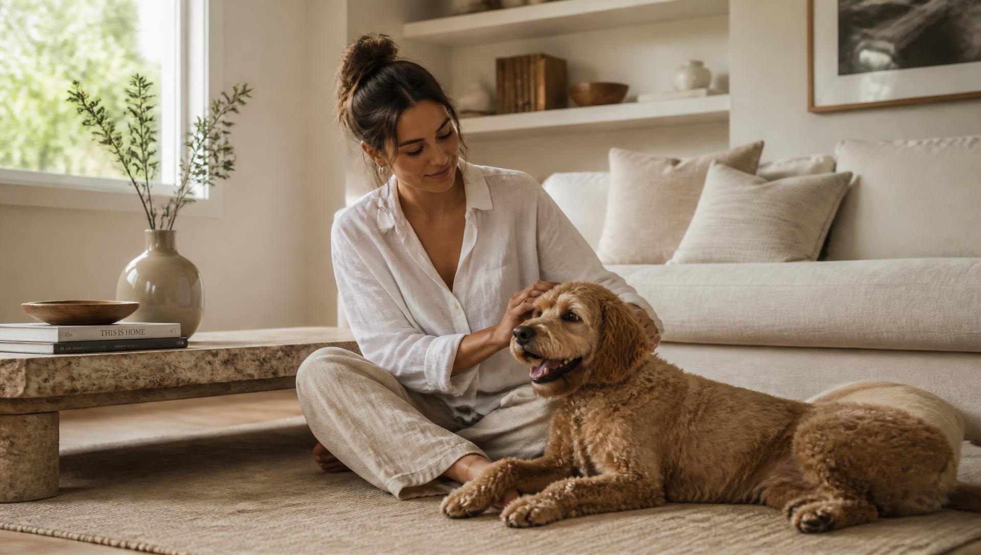 A pet owner enjoying time at home with her dog